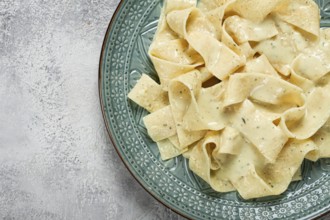 Pasta papardelle in creamy garlic sauce, traditional Italian cuisine, pasta carbonara, homemade, no