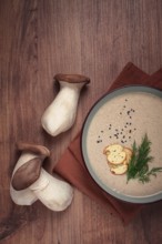 Mushroom cream soup, with dill and bruschetta, mushroom eringi