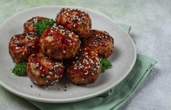 Tsukune, Japanese meatballs, minced chicken, fried on a skewer, with yakitori sauce, homemade, no