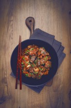 Bulgogi, with mushrooms, with sesame seeds and green onions, Korean cuisine, homemade, no people