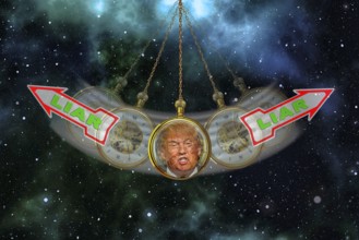 Symbolic image, Trump as a notorious liar in pendulum clock, wrong decisions, genius mania,