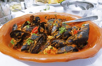 Mussels saganaki or mussels with tomato sauce and feta, typical Greek food, Pelion peninsula or