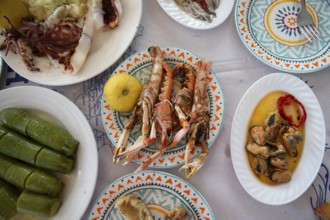 Table set with Greek seafood, Pelion peninsula or Pelion, Thessaly, Greece