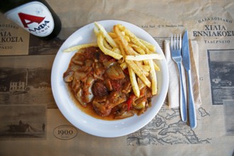 Spetsofai or Pelion sausage with onion and pepper sauce, typical dish from Pelion, Pelion peninsula