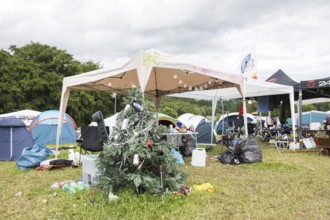 Pavilion with Christmas tree on a campsite at the Rock am Ring Festival on Saturday, Nürburgring