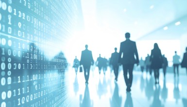 Business, abstract background, blur computer code, silhouette of walking people in a hall, blue
