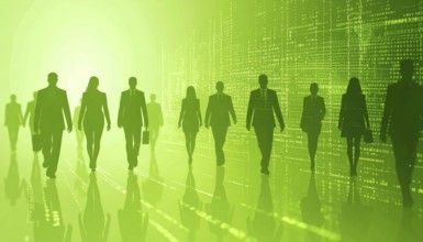 Business, abstract background, blur computer code, silhouette of walking people in a hall, green
