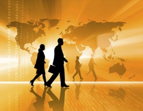 Business, abstract background, blur computer code, silhouette of walking people in a hall, orange