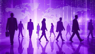 Business, abstract background, blur computer code, silhouette of walking people in a hall, purple