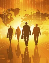 Business, abstract background, blur computer code, silhouette of walking people in a hall, orange