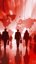Business, abstract background, blur computer code, silhouette of walking people in a hall, red