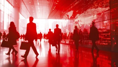 Business, abstract background, blur computer code, silhouette of walking people in a hall, red