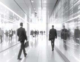 Business, abstract background, blur computer code, silhouettes of walking people, monochromatic