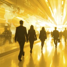 Business, abstract background, blur computer code, silhouette of walking people in a hall, yellow