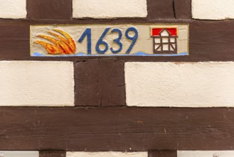 Memorial to the great fire of 1639 on the half-timbered house, Bad Sooden, Allendorf, Allendorf