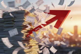 Red arrow crashing through flying financial documents. Concept of economic disruption, market