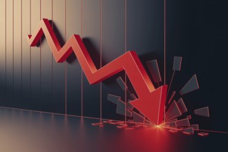 Red arrow crashing downward through chart surface. Symbol of stock market collapse, financial