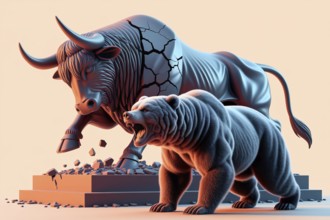 Roaring bear in golden light as bull statue crumbles. Concept of market shift, financial power