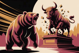 Illustration of roaring bear and bull statue. Concept of market shift, financial power reversal,