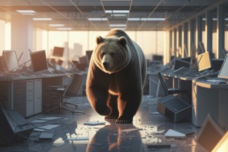 Bear walking through destroyed office in warm light. Concept of financial collapse, bear market