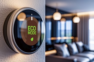 Modern digital home device screen showing eco mode setting. Generative AI, AI generated