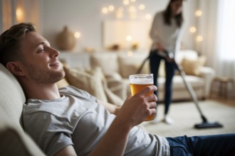 Happy man with beer resting on couch while woman cleans. Mental load and gender imbalance at home.