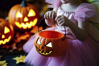 Girl child in pink princess Halloween costume with pumpkin shaped candy bucket in costume.