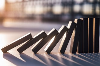 Identical black bricks cascading in warm light with urban blur. Concept of structure, uniformity,