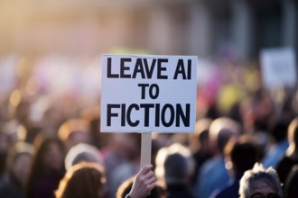 Protest sign reading Leave AI to fiction held in crowd during sunset demonstration. Generative ai,