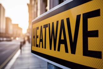Yellow heatwave warning sign in hot weather conditions n city. Generative ai, AI generated