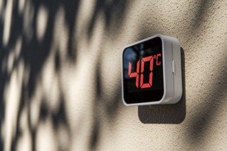 Digital termometer showing 40 degrees fahrenheit temperature on wall in hot summer. Generative ai,
