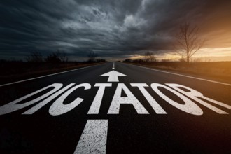 Road with white word 'Dictator' and arrow written on it with storm in background. Generative AI, AI