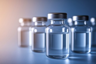 Close up of vials with clear liquid. Generative AI, AI generated