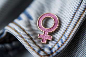 Pink female gender symbol pin attached to denim jacket, symbol of feminism and identity. Generative