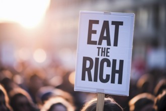 Close up of protest sign with text Eat the rich with blurry crodw of people. Generative AI, AI