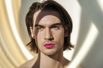 Caucasian brunette man with bright pink lipstick. Generative Ai, AI generated