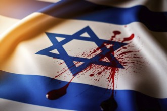 Close up of Israeli flag with red splatter. Symbol of war with palestine. Generative AI, AI