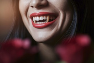 Woman's smiling mouth with red lipstick and long vampire fangs. Generative Ai, AI generated