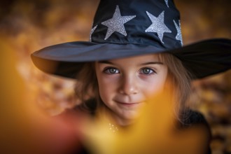 Young cucasian female child in witch costume with autumn leaves. Generative AI, AI generated