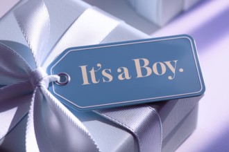 Close up of tag with text it's a boy on baby blue gift box, a commentary on gender roles and