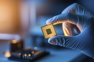 Gloved hand holding small microchip. Generative Ai, AI generated