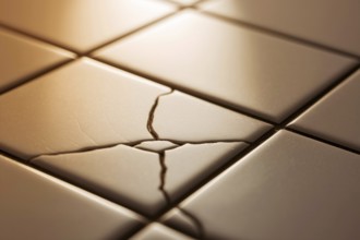 Cracked bathroom tile with water droplet in warm light. Concept of home repair, structural damage,