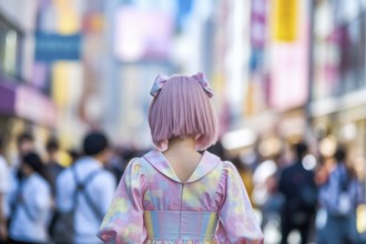 Girl in pastel Lolita dress walking through Harajuku. Concept of Japanese street fashion, youth