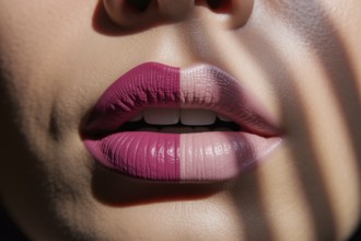 Close-up of lips with split lipstick colors. Concept of beauty contrast, cosmetic choice, and