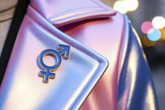 Genderfluid symbol pins on vibrant jacket in warm city light. Concept of identity, inclusivity, and