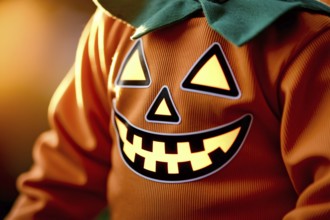 Jack-o'-lantern face on child's pumpkin costume. Concept of Halloween detail, seasonal charm, and