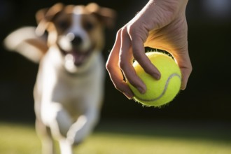 Close up of hand holding tennis ball with happy dog running towards it, companionship, and playful