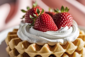 Strawberry and whipped cream on golden waffle. Generative ai, AI generated