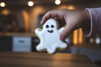 Child's hand holding ghost-shaped Halloween cookie with white icing and smiling face in warm