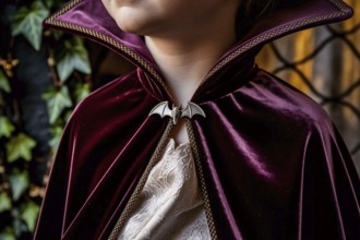 Close-up of bat clasp on velvet halloween costume vampire cloak on boy child. Generative ai, AI